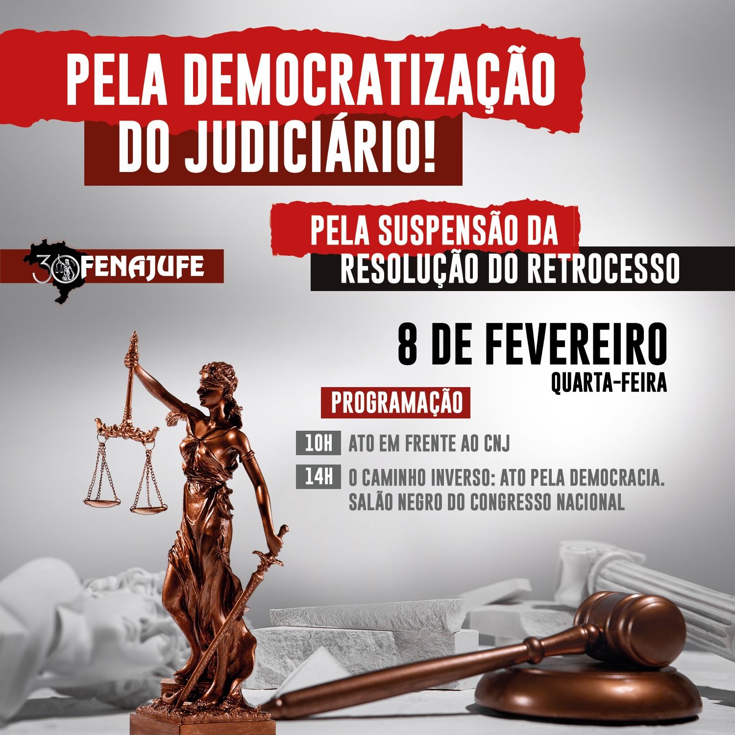 Fenajufe e entidades do sistema de justiça realizam ato pela democratização do Judiciário nesta quarta-feira (08)